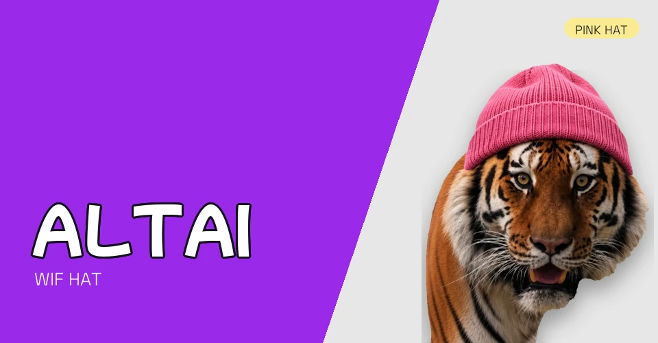Tiger in a pink beanie, labeled Altai wif hat